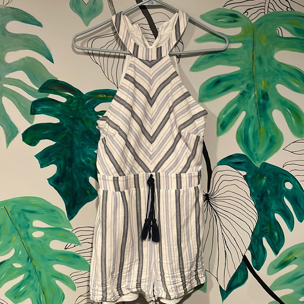 Chevron Shorts Romper, Crystal Sky